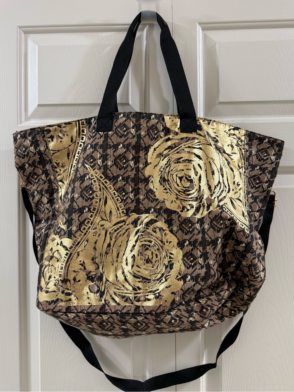 Soft Surroundings Gyldan Gold Metallic Floral Weekender Tote NWOT Carryall